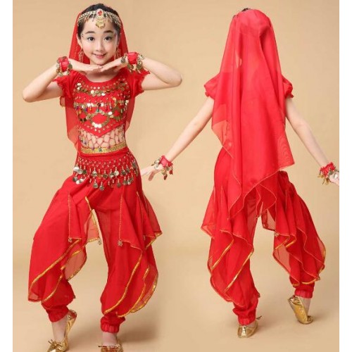  Green red yellow fuchsia Handmade Children Belly Dance Costumes Kids Belly Dancing Girls Bollywood Indian Performance dance Cloth Dresses
